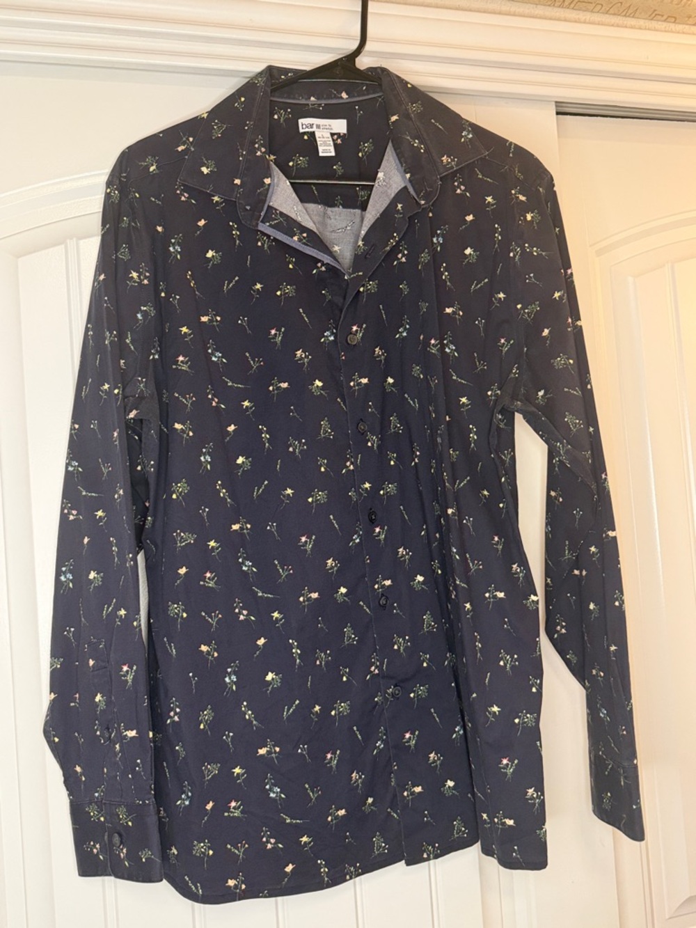 Bar III Navy Button-Down Shirt with Small Floral Print
